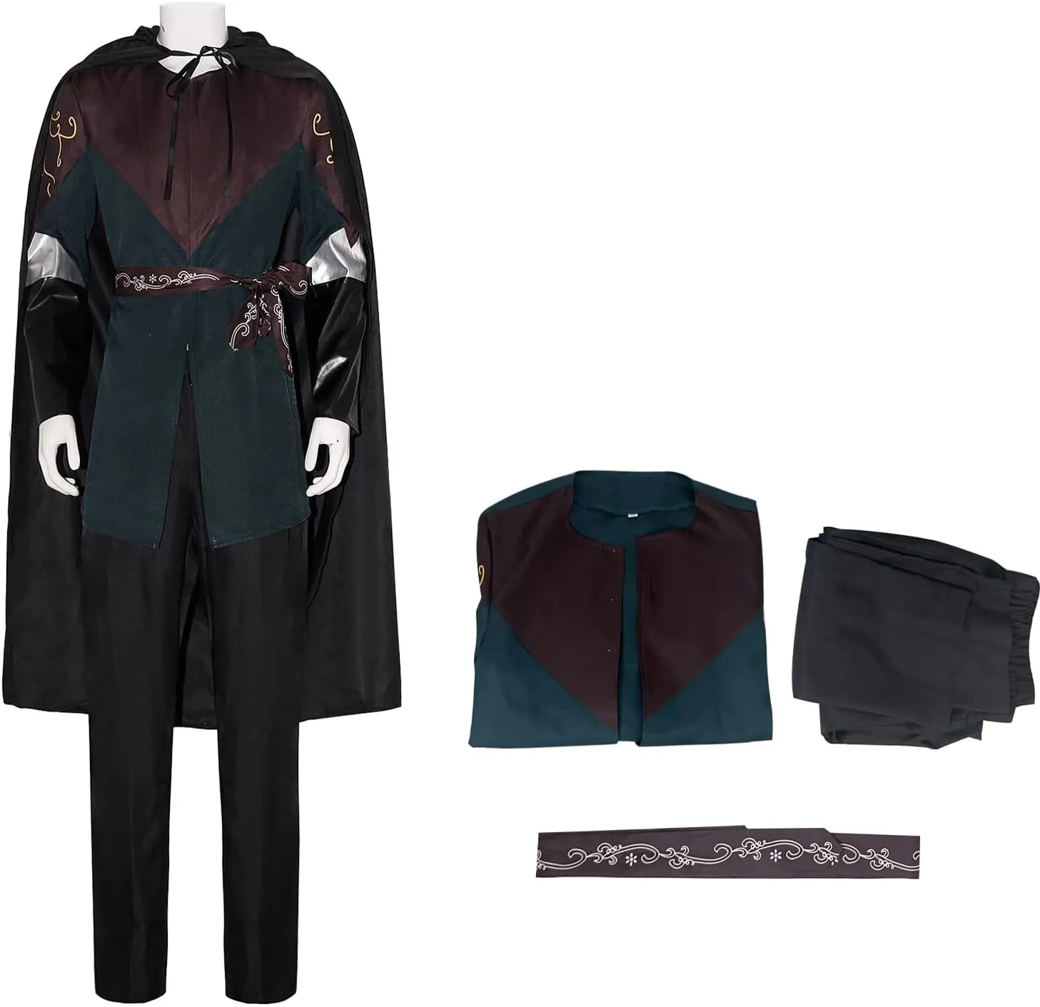Men Legolas Costume Tunic Top Pants Belt with Cloak Robe Full Set Elf Legolas Cosplay Ear Wig for Halloween Party