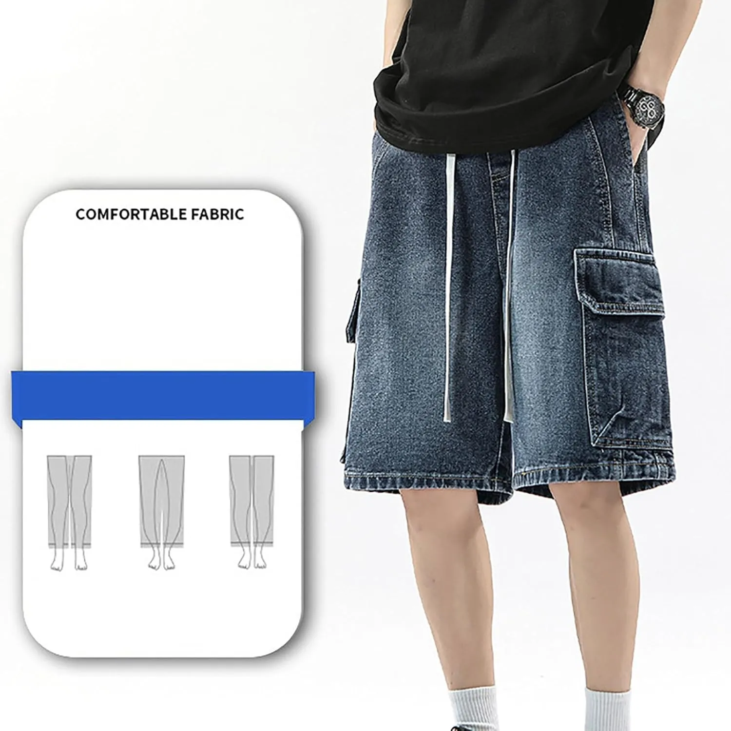Men Loose Denim Shorts Baggy Casual Summer Wide Leg Mid Jean Jorts Hip Hop Shorts Streetwear with Pockets