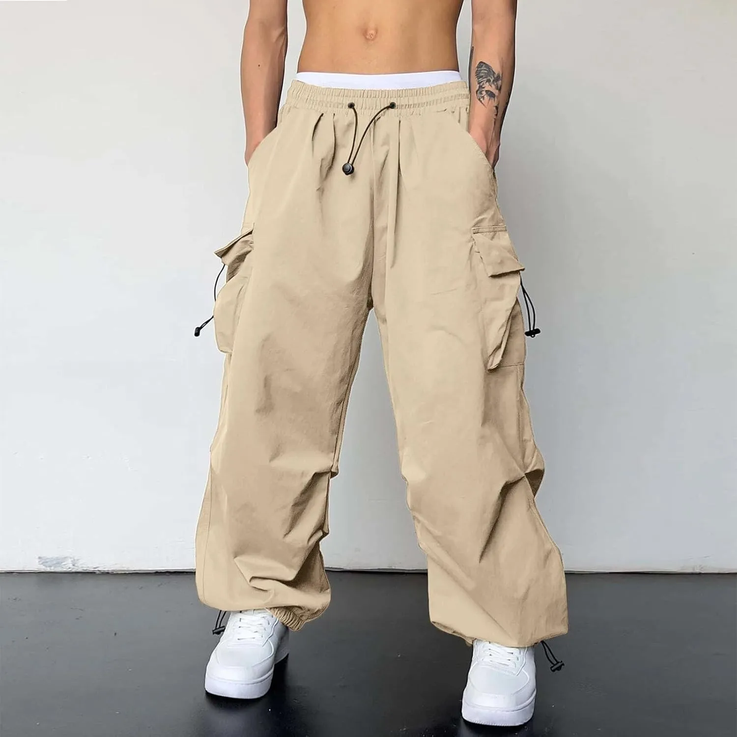 Mens Cargo Pants Casual Wide Leg Elastic Waist Pant Work Pant with Multiple Pockets