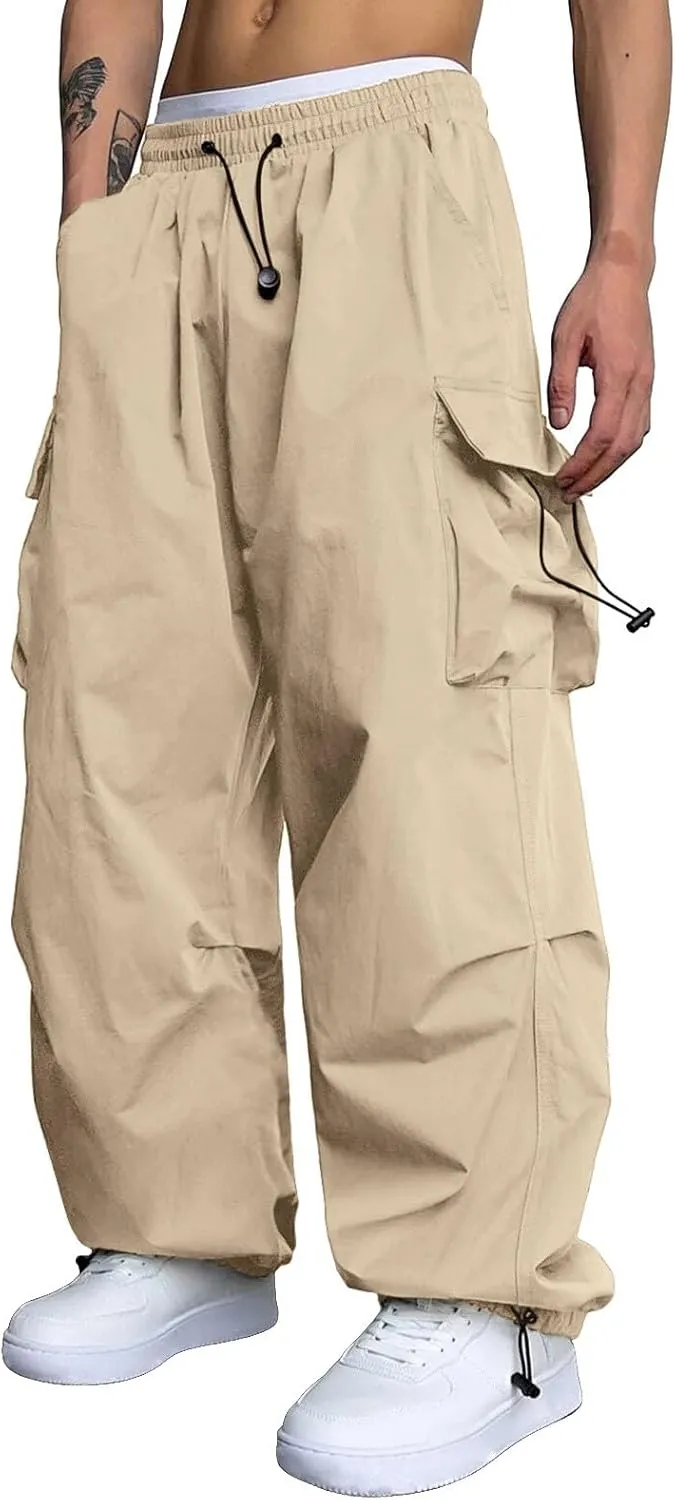 Mens Cargo Pants Casual Wide Leg Elastic Waist Pant Work Pant with Multiple Pockets