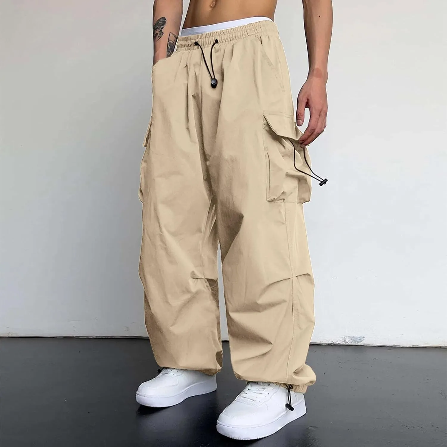 Mens Cargo Pants Casual Wide Leg Elastic Waist Pant Work Pant with Multiple Pockets
