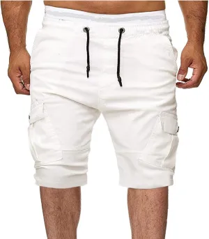 Men's Cargo Shorts Summer Casual Elastic Waist Drawstring Multi-Pockets Slim Fit Knee Length Athletic Joggers Pants
