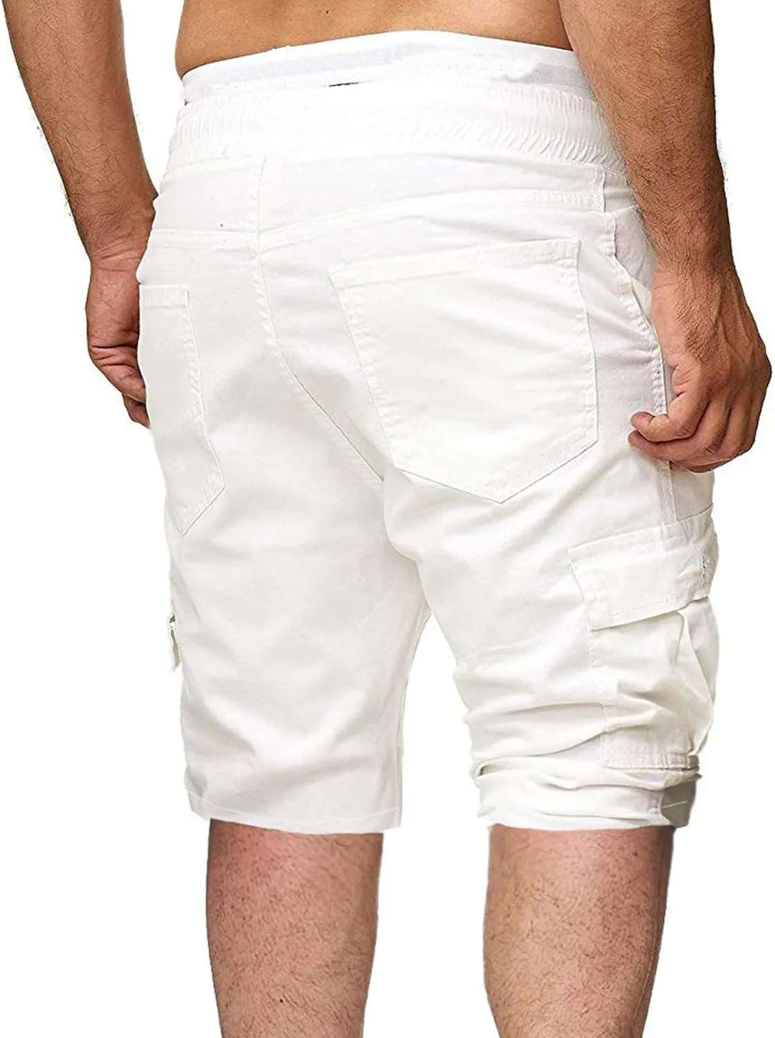 Men's Cargo Shorts Summer Casual Elastic Waist Drawstring Multi-Pockets Slim Fit Knee Length Athletic Joggers Pants