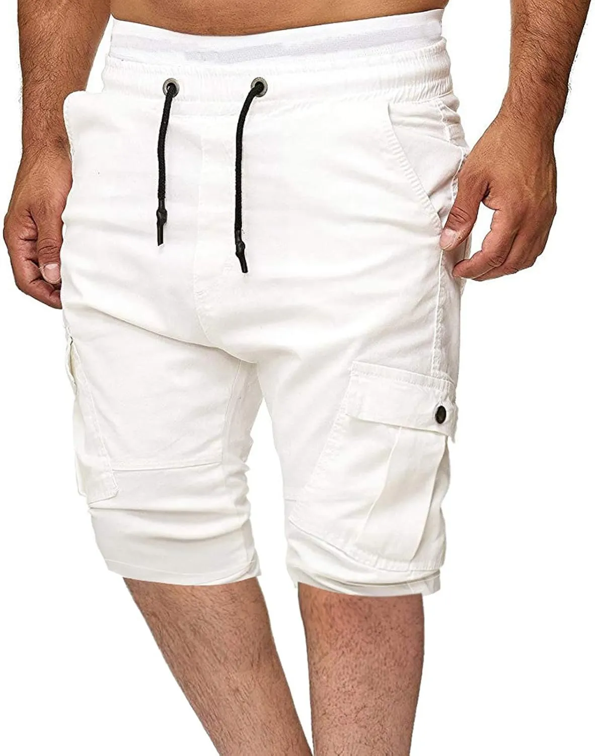 Men's Cargo Shorts Summer Casual Elastic Waist Drawstring Multi-Pockets Slim Fit Knee Length Athletic Joggers Pants