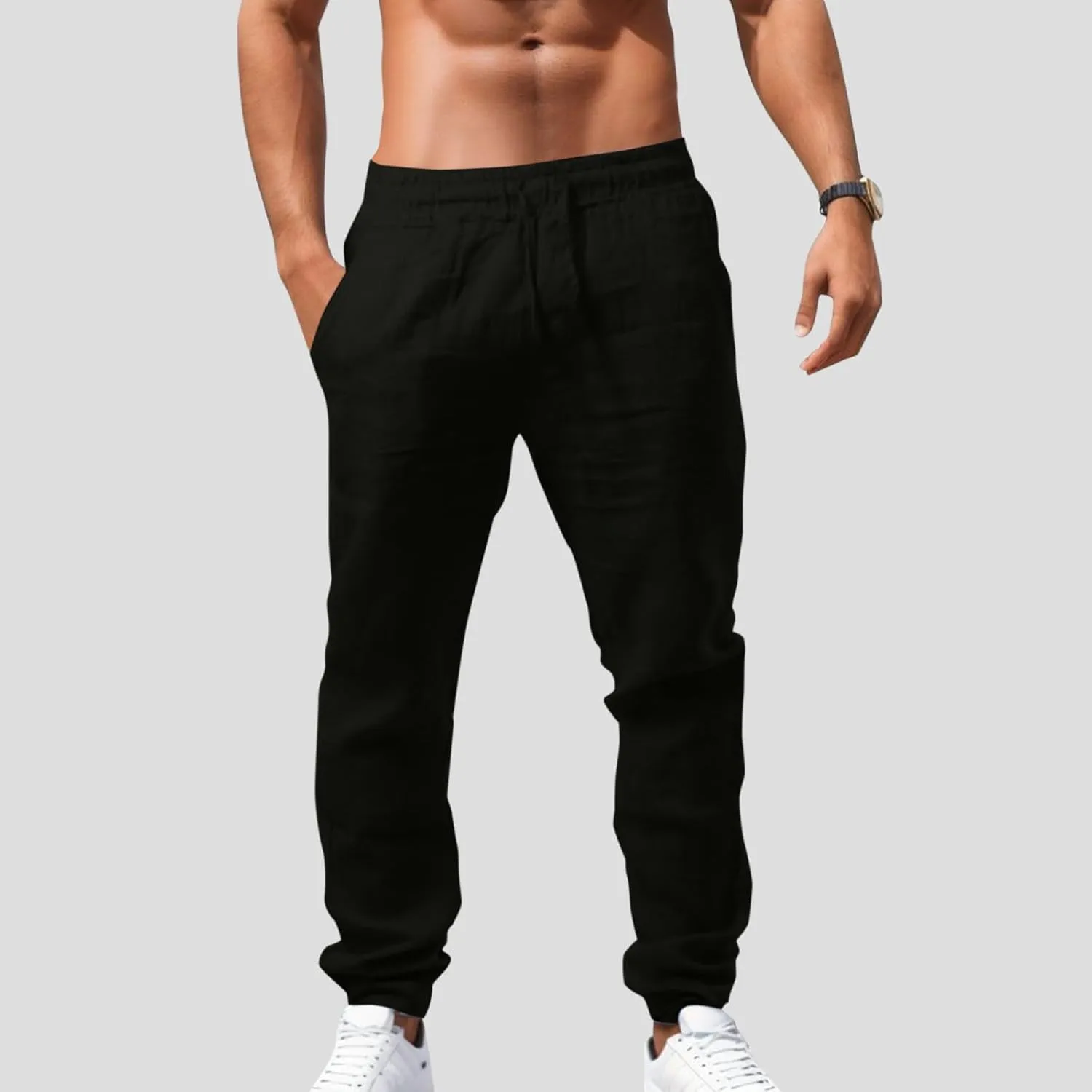Mens Combat Cargo Pants Casual Linen Elasticated Pant Straight Leg Sweatpants Joggers Baggy Training Jogger