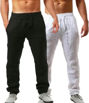 Mens Linen Pants Yoga Beach Loose Fit Casual Summer Elastic Waist Drawstring Lounge Trousers with Pockets 2 Pack