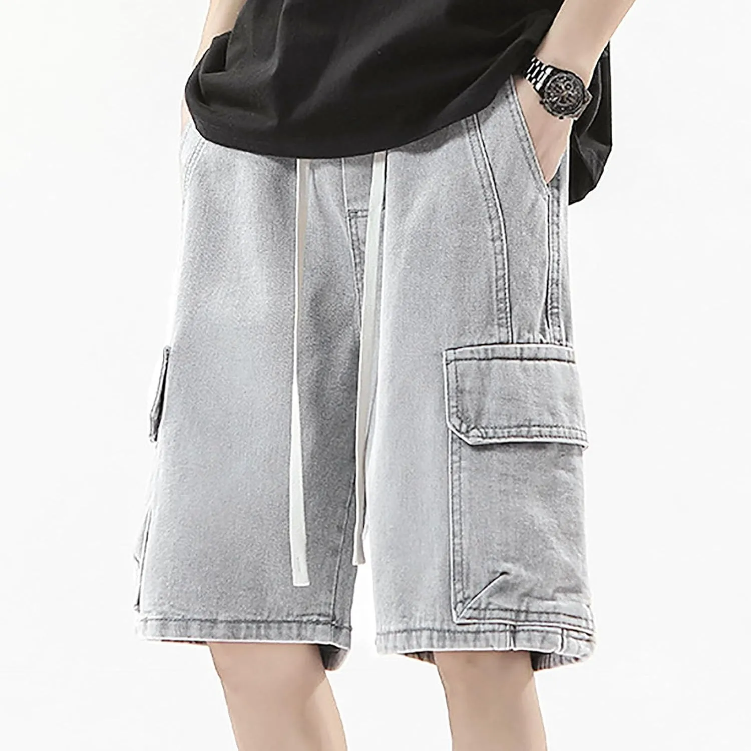 Mens Loose Fit Hip Hop Cropped Jean Shorts Work Denim Shorts with Pockets Skateboard Pants Streetwear Clothes