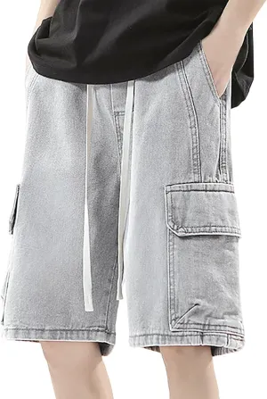 Mens Loose Fit Hip Hop Cropped Jean Shorts Work Denim Shorts with Pockets Skateboard Pants Streetwear Clothes