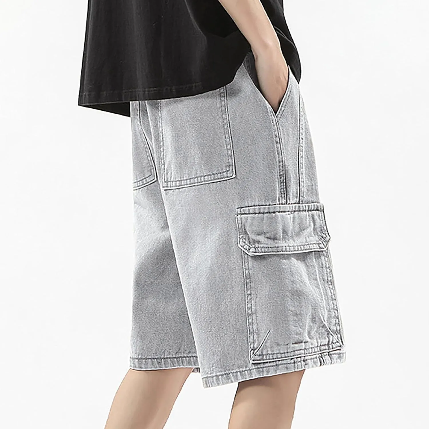 Mens Loose Fit Hip Hop Cropped Jean Shorts Work Denim Shorts with Pockets Skateboard Pants Streetwear Clothes