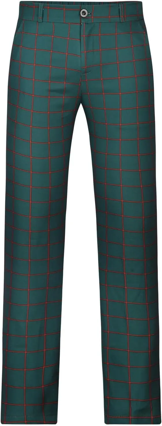 Mens Plaid Dress Pants Flat Front Slim Fit Straight Leg Chino Pants Casual Business Comfort Trouser with Pockets