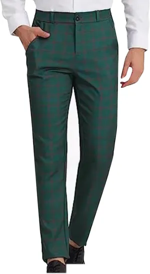 Mens Plaid Dress Pants Flat Front Slim Fit Straight Leg Chino Pants Casual Business Comfort Trouser with Pockets