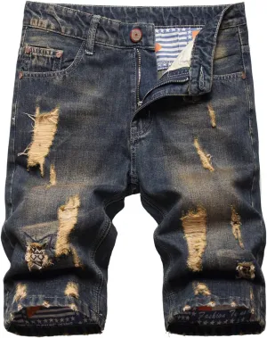 Men's Ripped Denim Shorts Mens Stretch Slim Fit Jean Short Cowboy Cropped Trousers Summer Short Jeans