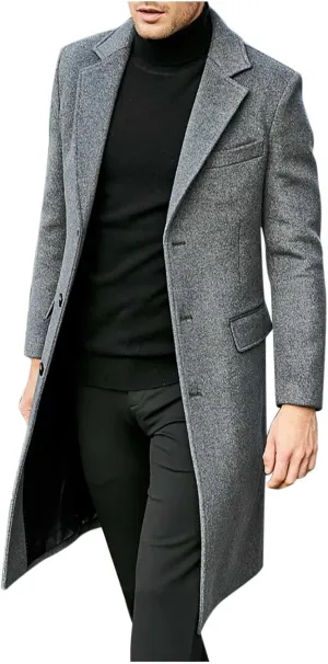 Mens Trench Coat-Slim Fit Notched Lapel Fall Winter Single Breasted Pea Coat Warm Business Long Jacket Overcoat