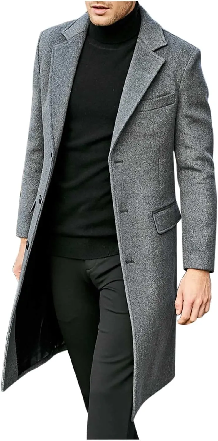 Mens Trench Coat-Slim Fit Notched Lapel Fall Winter Single Breasted Pea Coat Warm Business Long Jacket Overcoat