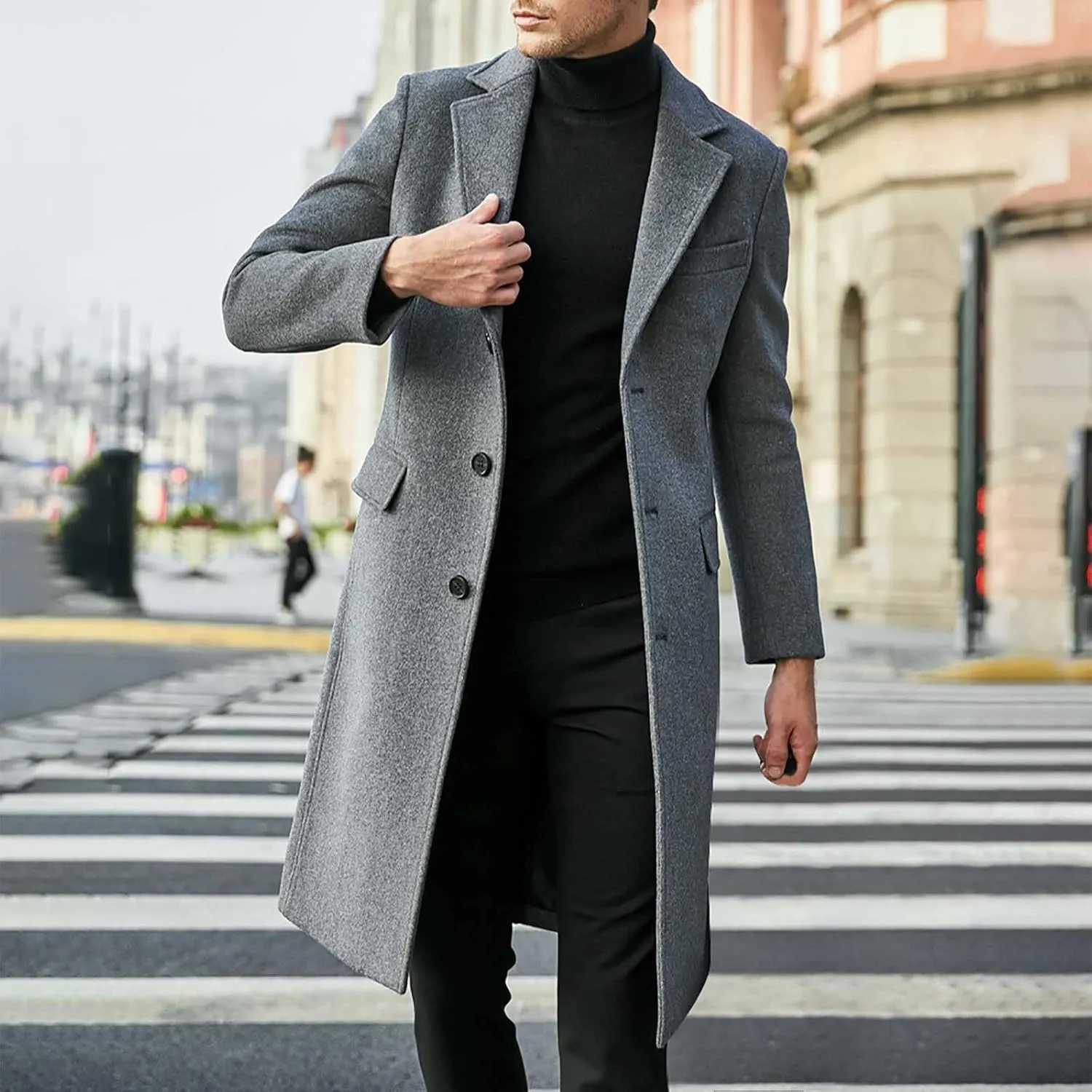 Mens Trench Coat-Slim Fit Notched Lapel Fall Winter Single Breasted Pea Coat Warm Business Long Jacket Overcoat