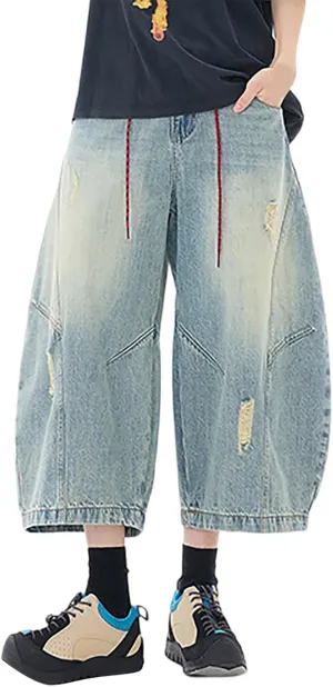 Men's Wide Leg Y2K Hip Hop Long Jean Shorts Work Denim Shorts with Pockets Summer Casual Streetwear