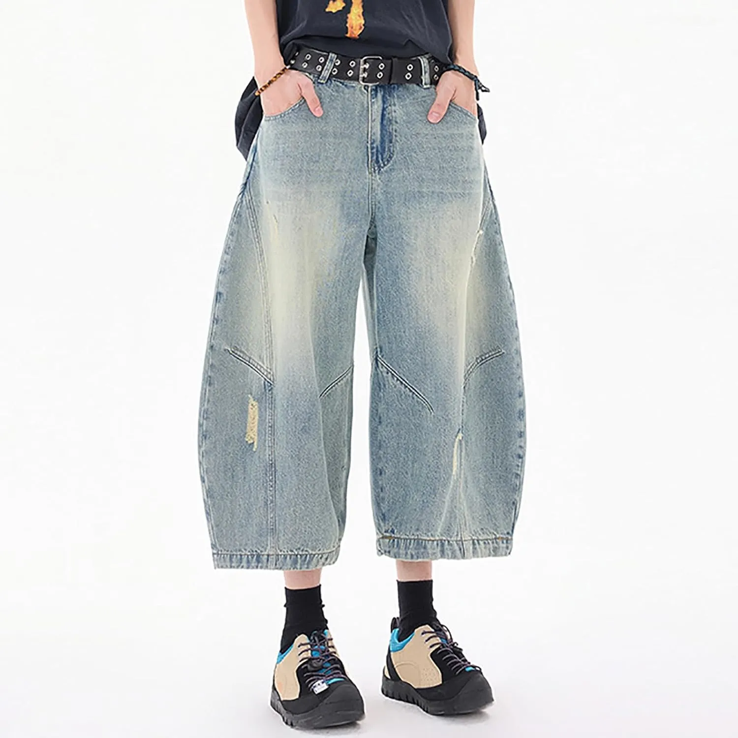 Men's Wide Leg Y2K Hip Hop Long Jean Shorts Work Denim Shorts with Pockets Summer Casual Streetwear