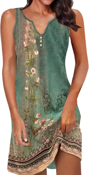 Midi Dresses for Women Summer Dresses for Women 2024 Casual Crewneck Sleeveless Vest Sundresses Boho Floral Print Plus Size A-Line Beach Midi Dress(XXXL,GreenB), 3X-Large