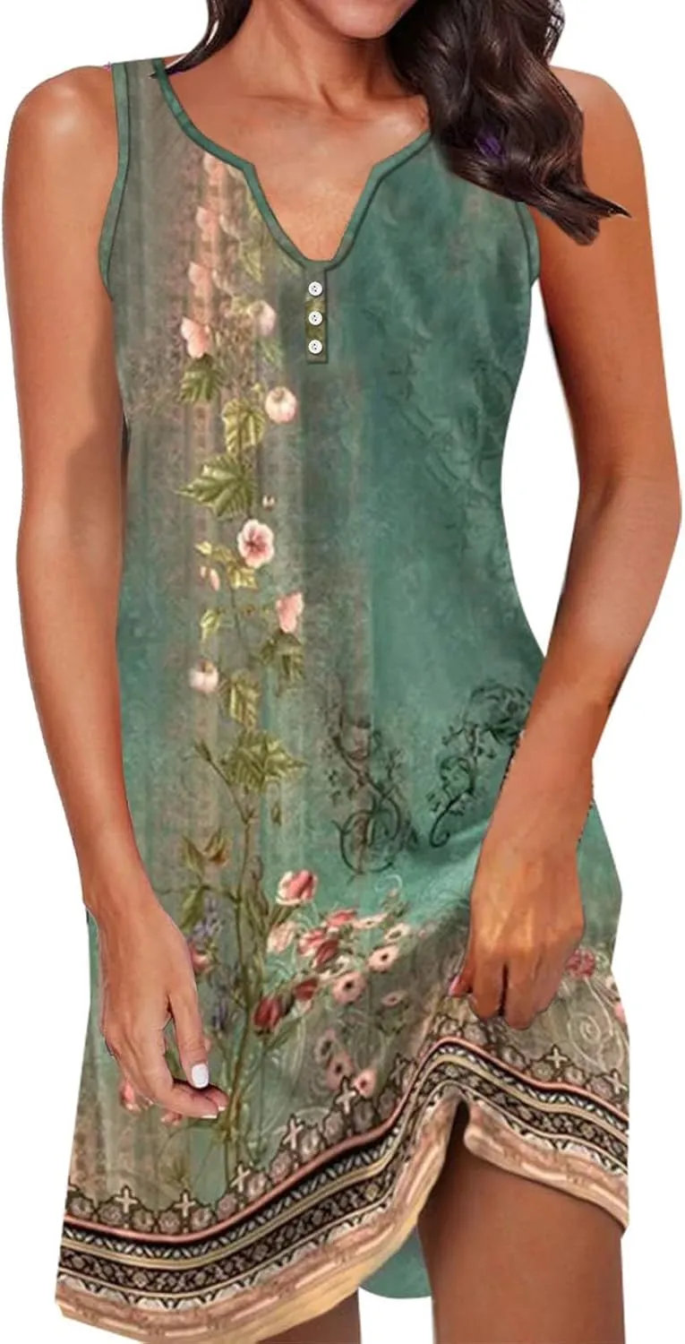 Midi Dresses for Women Summer Dresses for Women 2024 Casual Crewneck Sleeveless Vest Sundresses Boho Floral Print Plus Size A-Line Beach Midi Dress(XXXL,GreenB), 3X-Large