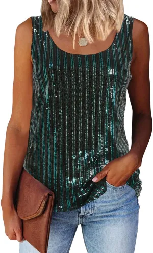 MLEBR Womens Summer Fashion Sequin Tops Scoop Neck Sequin Sparkle Shimmer Sleeveless Tanks Tops Blouses