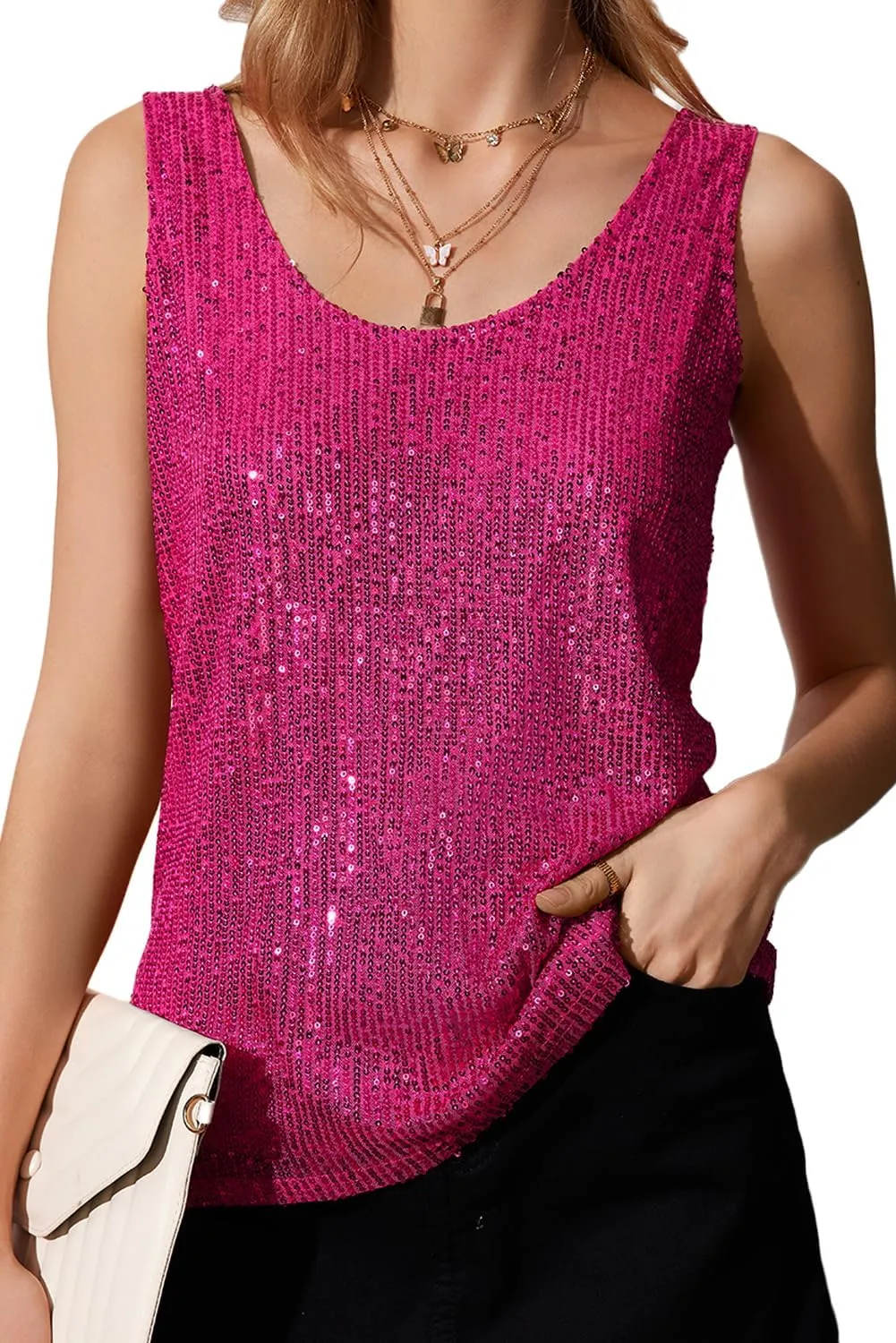 MLEBR Womens Summer Fashion Sequin Tops Scoop Neck Sequin Sparkle Shimmer Sleeveless Tanks Tops Blouses