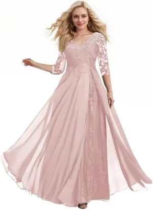 Mother of The Bride Dresses for Wedding 3/4 Sleeve Long Chiffon Lace V Neck Sequin Formal Evening Gowns