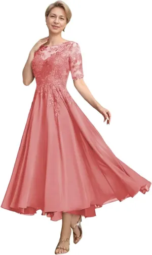 Mother of The Bride Dresses for Wedding Tea Length Lace Chiffon 3/4 Sleeves Formal Evening Gowns
