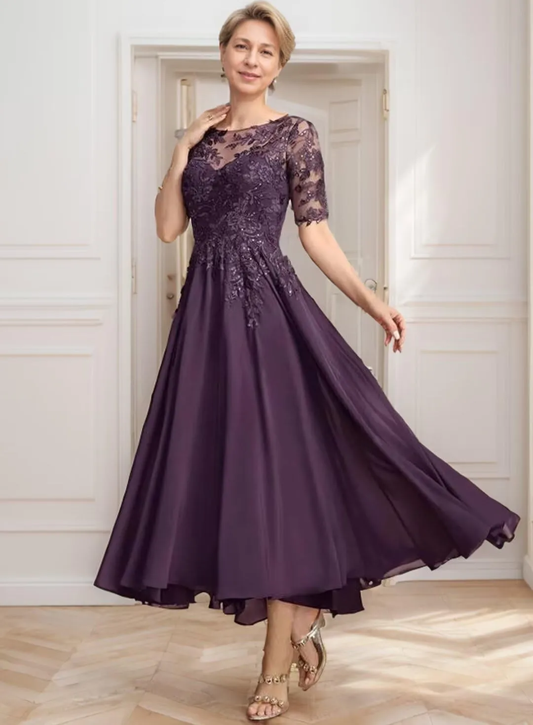 Mother of The Bride Dresses for Wedding Tea Length Lace Chiffon 3/4 Sleeves Formal Evening Gowns