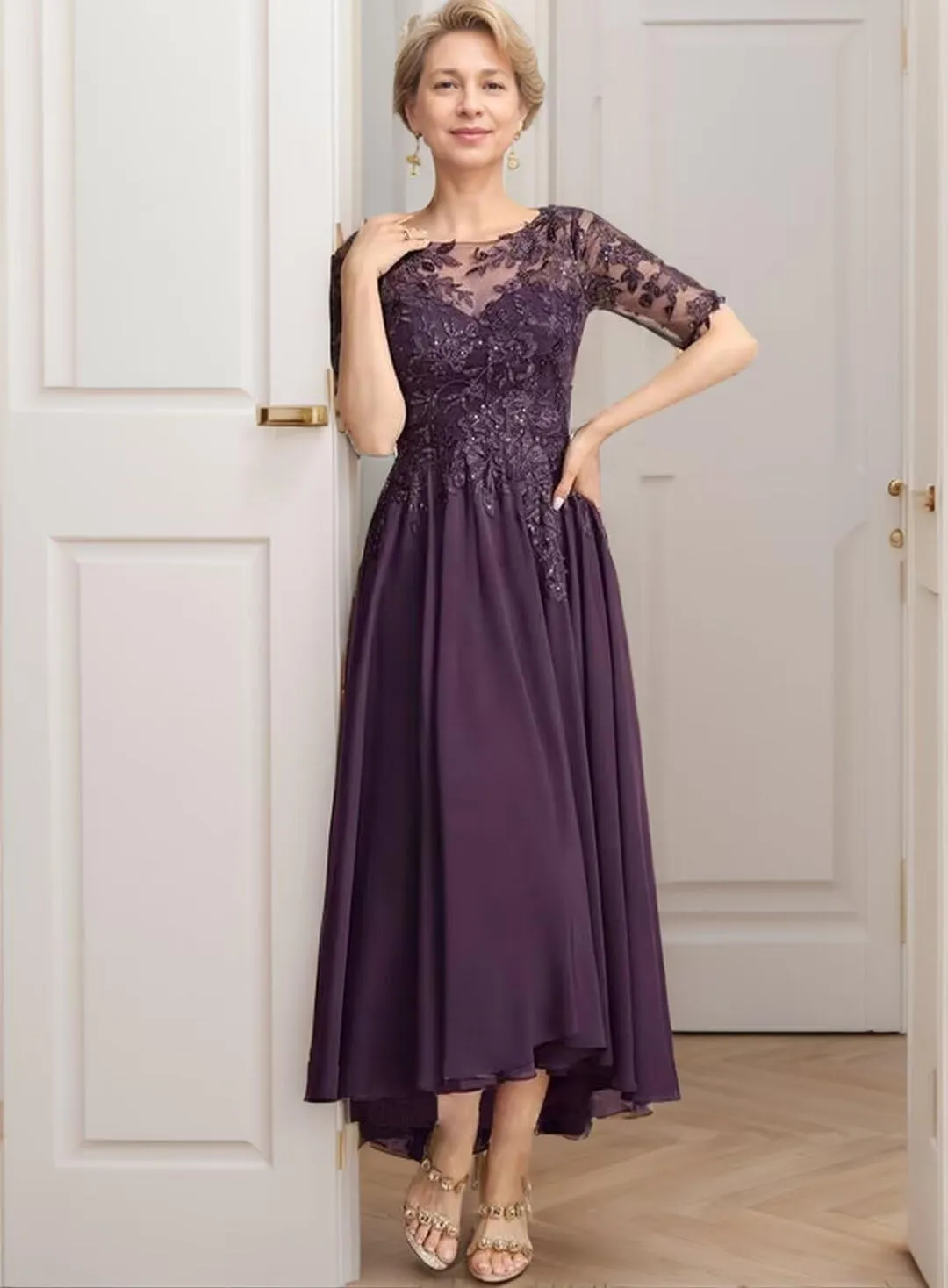 Mother of The Bride Dresses for Wedding Tea Length Lace Chiffon 3/4 Sleeves Formal Evening Gowns