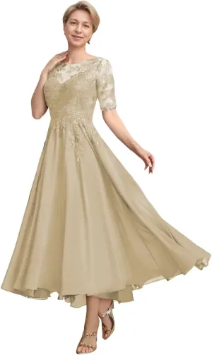 Mother of The Bride Dresses for Wedding Tea Length Lace Chiffon 3/4 Sleeves Formal Evening Gowns