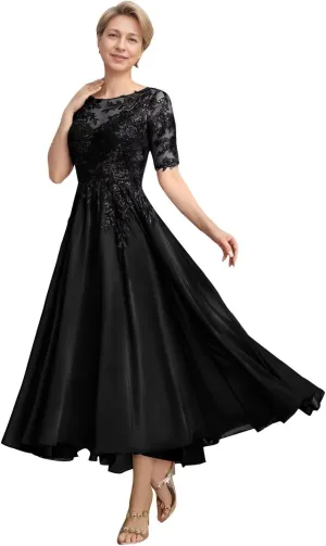 Mother of The Bride Dresses for Wedding Tea Length Lace Chiffon 3/4 Sleeves Formal Evening Gowns