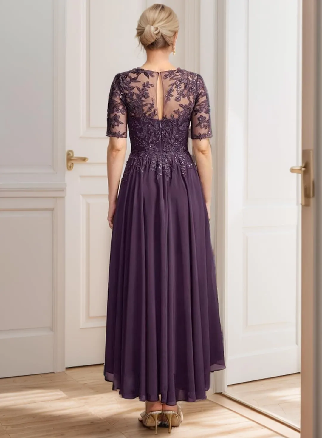 Mother of The Bride Dresses for Wedding Tea Length Lace Chiffon 3/4 Sleeves Formal Evening Gowns