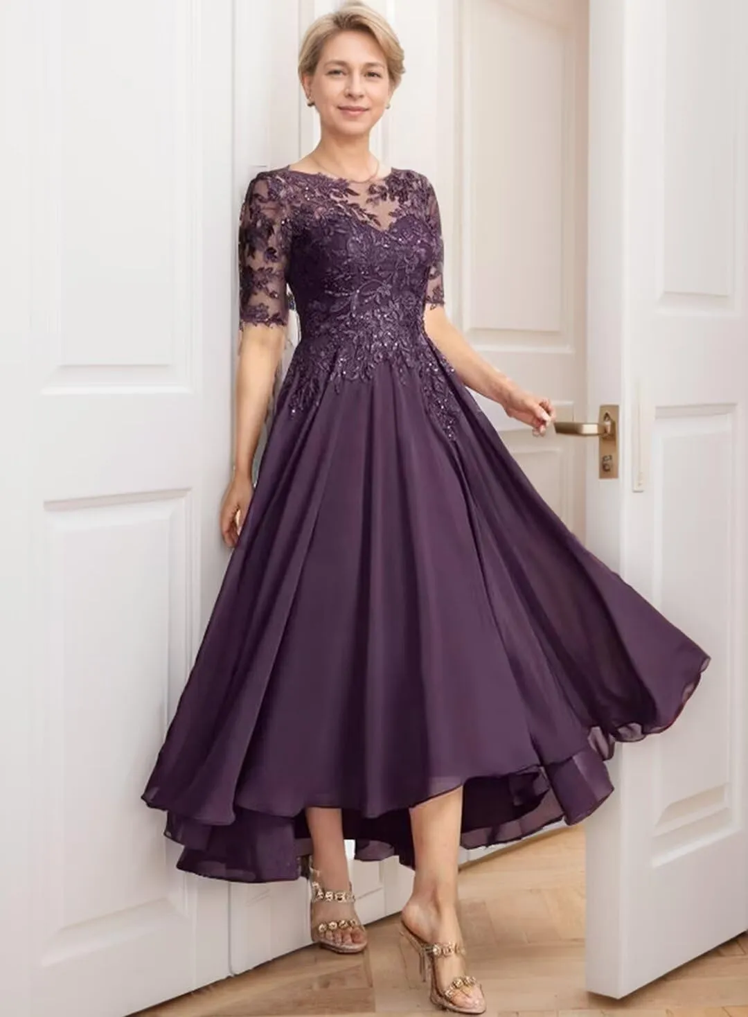 Mother of The Bride Dresses for Wedding Tea Length Lace Chiffon 3/4 Sleeves Formal Evening Gowns