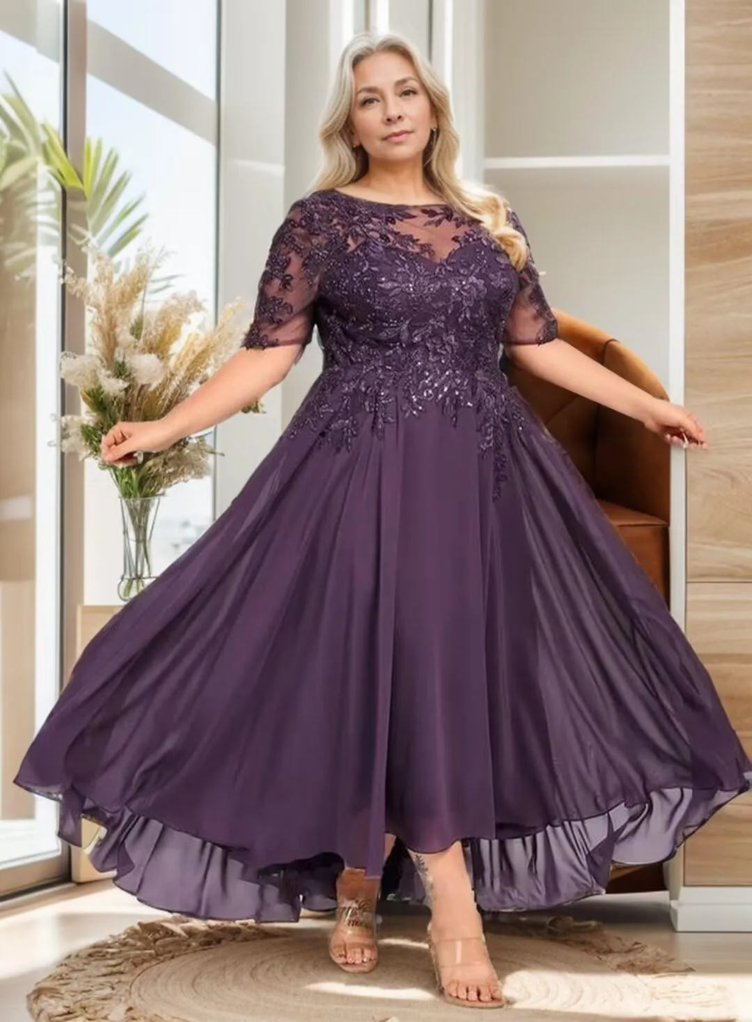 Mother of The Bride Dresses for Wedding Tea Length Lace Chiffon 3/4 Sleeves Formal Evening Gowns