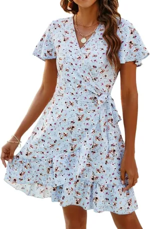 Naggoo Women's Summer Wrap V Neck Polka Dot Print Ruffle Short Sleeve Mini Floral Dress with Belt