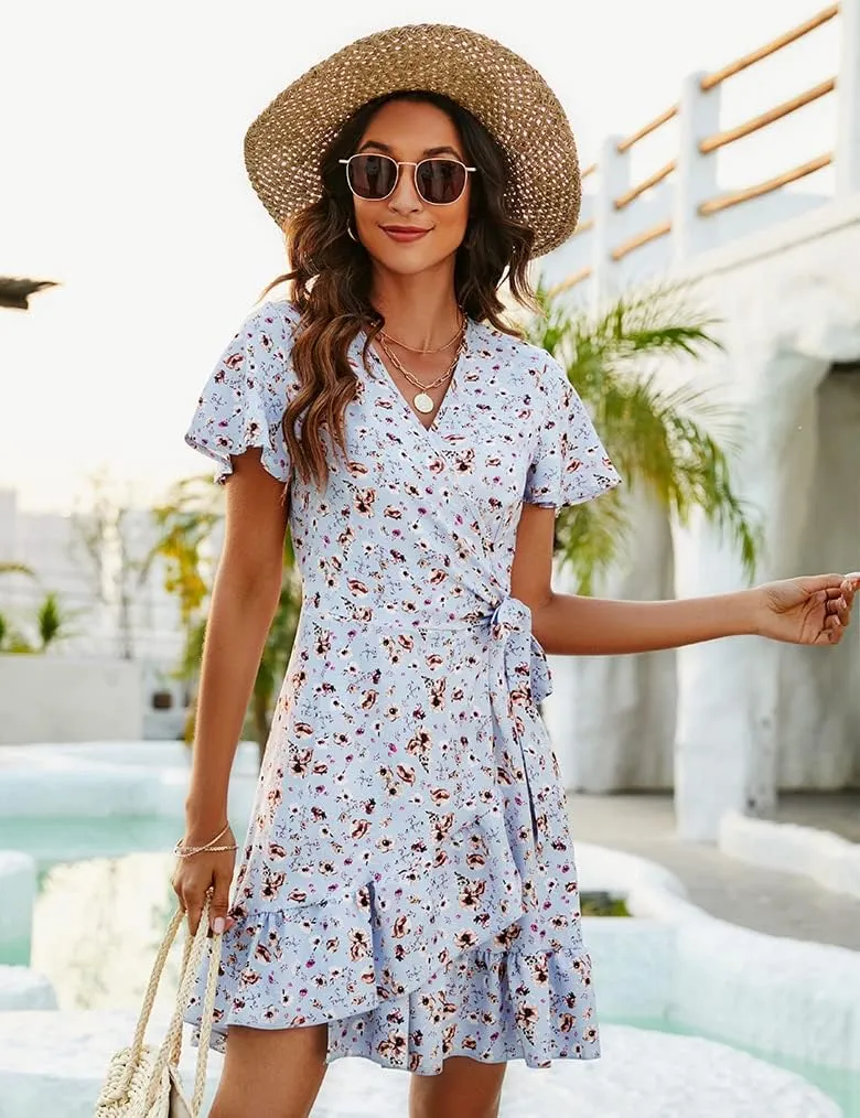 Naggoo Women's Summer Wrap V Neck Polka Dot Print Ruffle Short Sleeve Mini Floral Dress with Belt