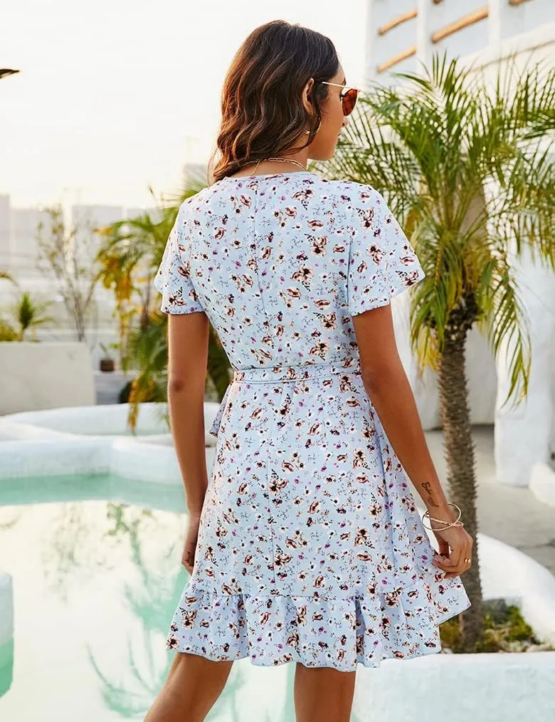 Naggoo Women's Summer Wrap V Neck Polka Dot Print Ruffle Short Sleeve Mini Floral Dress with Belt
