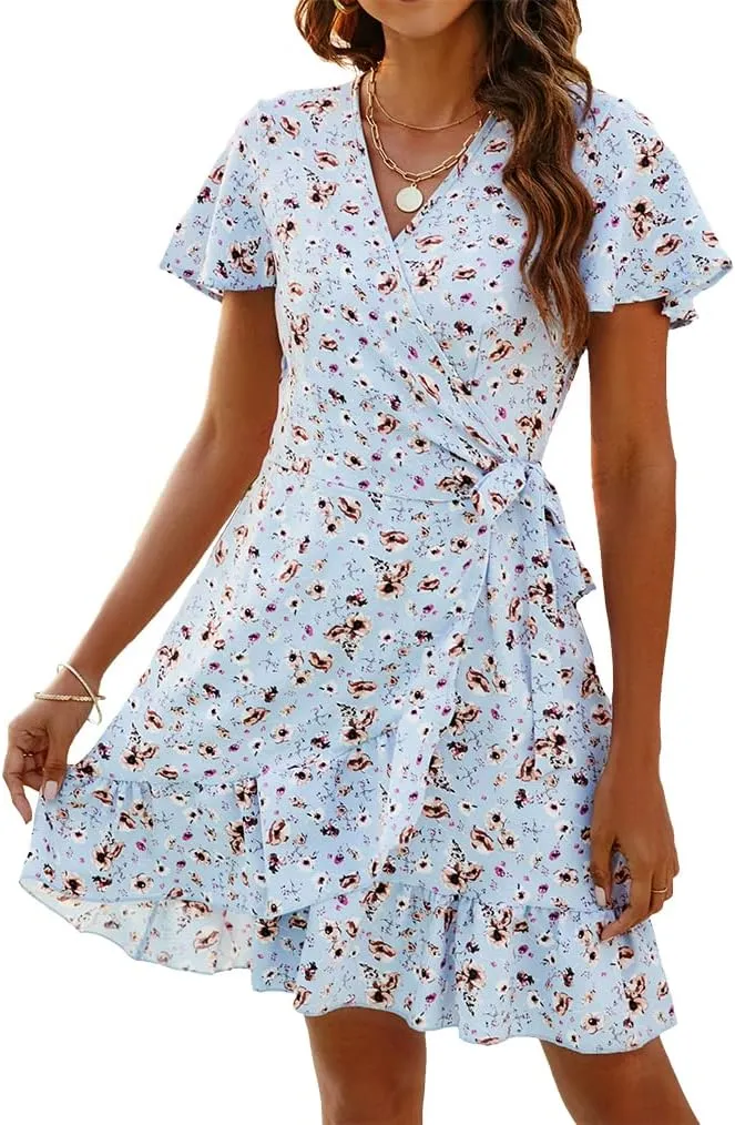 Naggoo Women's Summer Wrap V Neck Polka Dot Print Ruffle Short Sleeve Mini Floral Dress with Belt