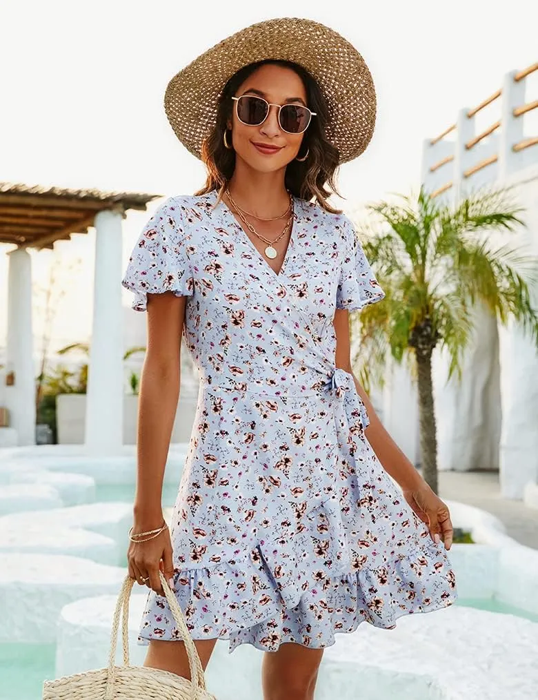 Naggoo Women's Summer Wrap V Neck Polka Dot Print Ruffle Short Sleeve Mini Floral Dress with Belt
