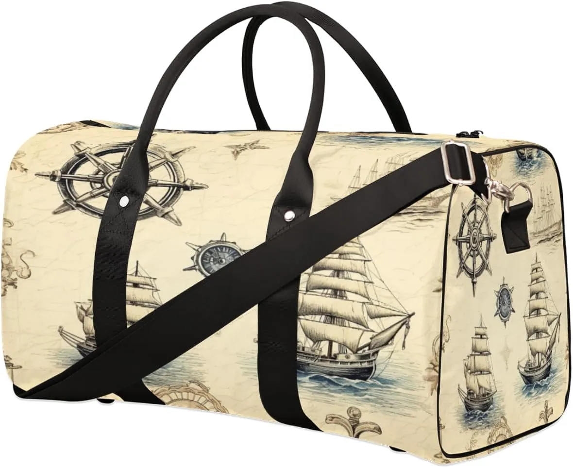 Nautical Compass Travel Duffel Bag for Women Men, Compass Sailboat Sport Tote Gym Bag Foldable Weekender Overnight Bag Waterproof Carry On Luggage Bag