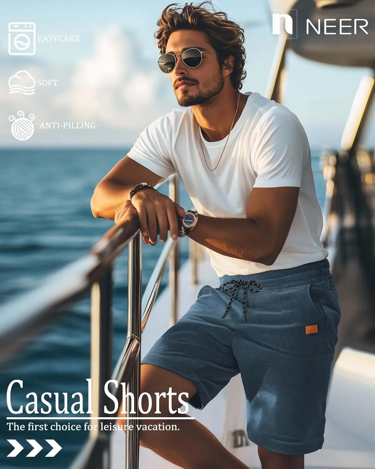 Neer 3 Pack Men's Corduroy Shorts, Casual Elastic Waist Drawstring Shorts Lightweight Summer Stretch Beach Short with Pockets