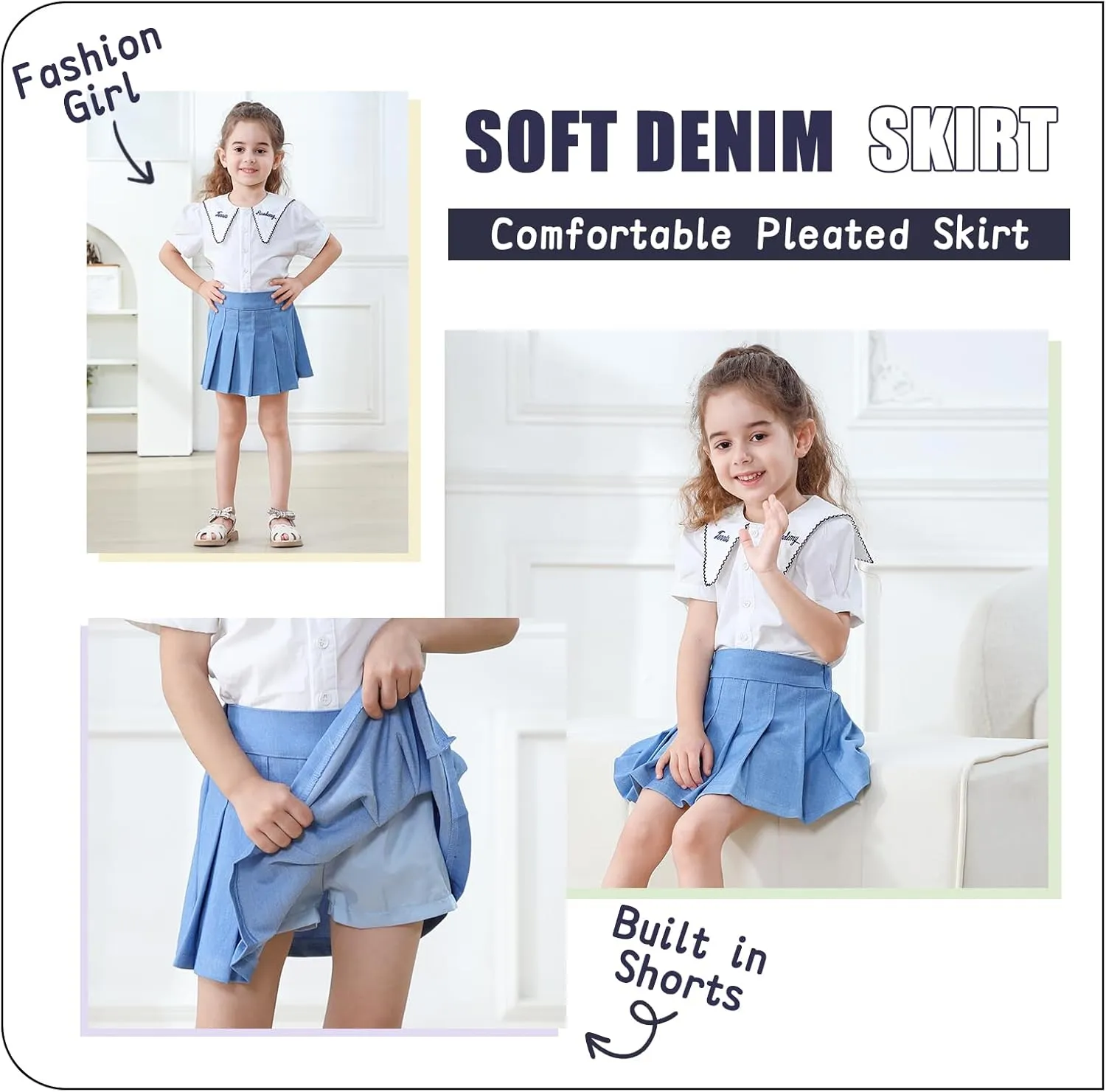 Neutocd Toddler Girls Skirts Skorts Denim Elastic Waistband Flared Pleated Skirts for Girls Kids Casual Stretchy Skater Skirt