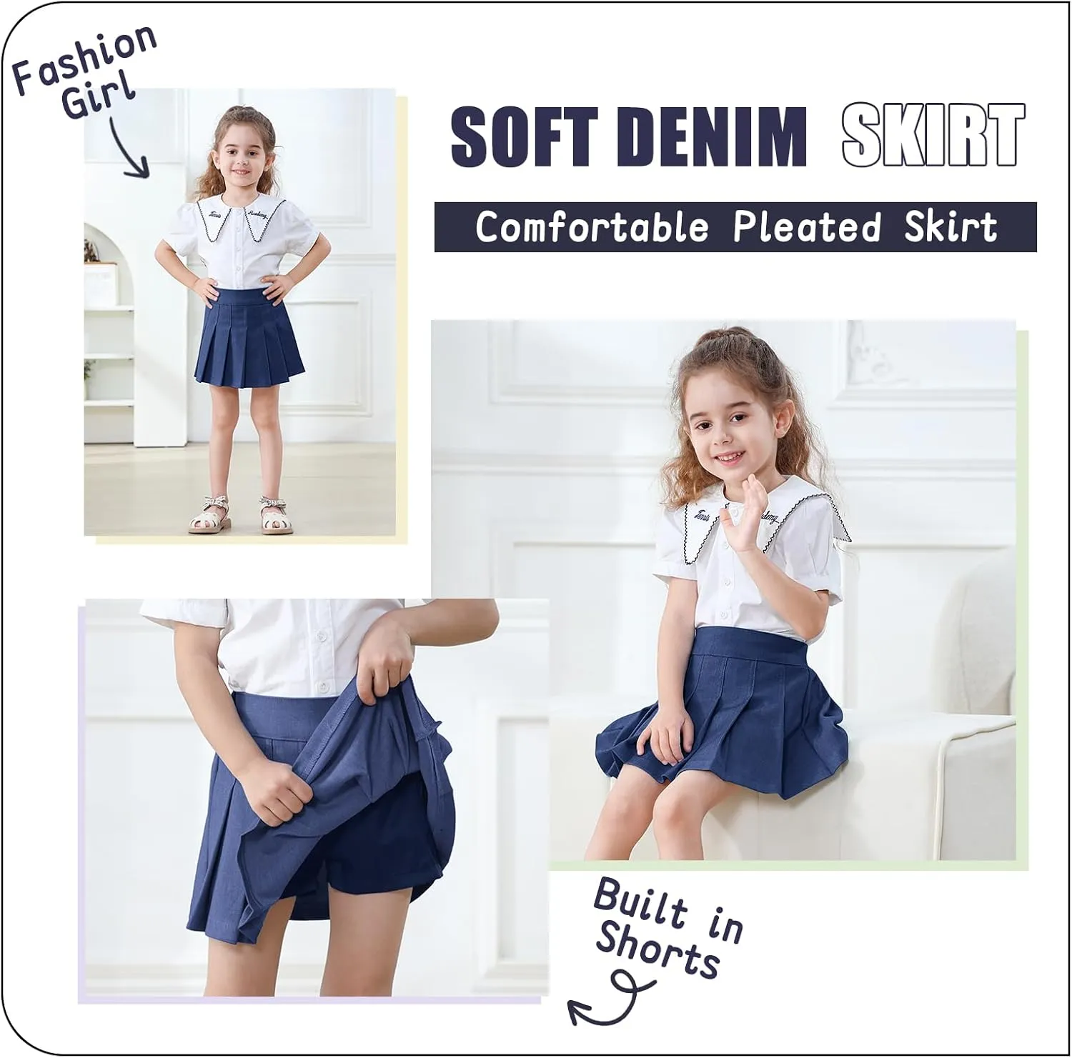 Neutocd Toddler Girls Skirts Skorts Denim Elastic Waistband Flared Pleated Skirts for Girls Kids Casual Stretchy Skater Skirt