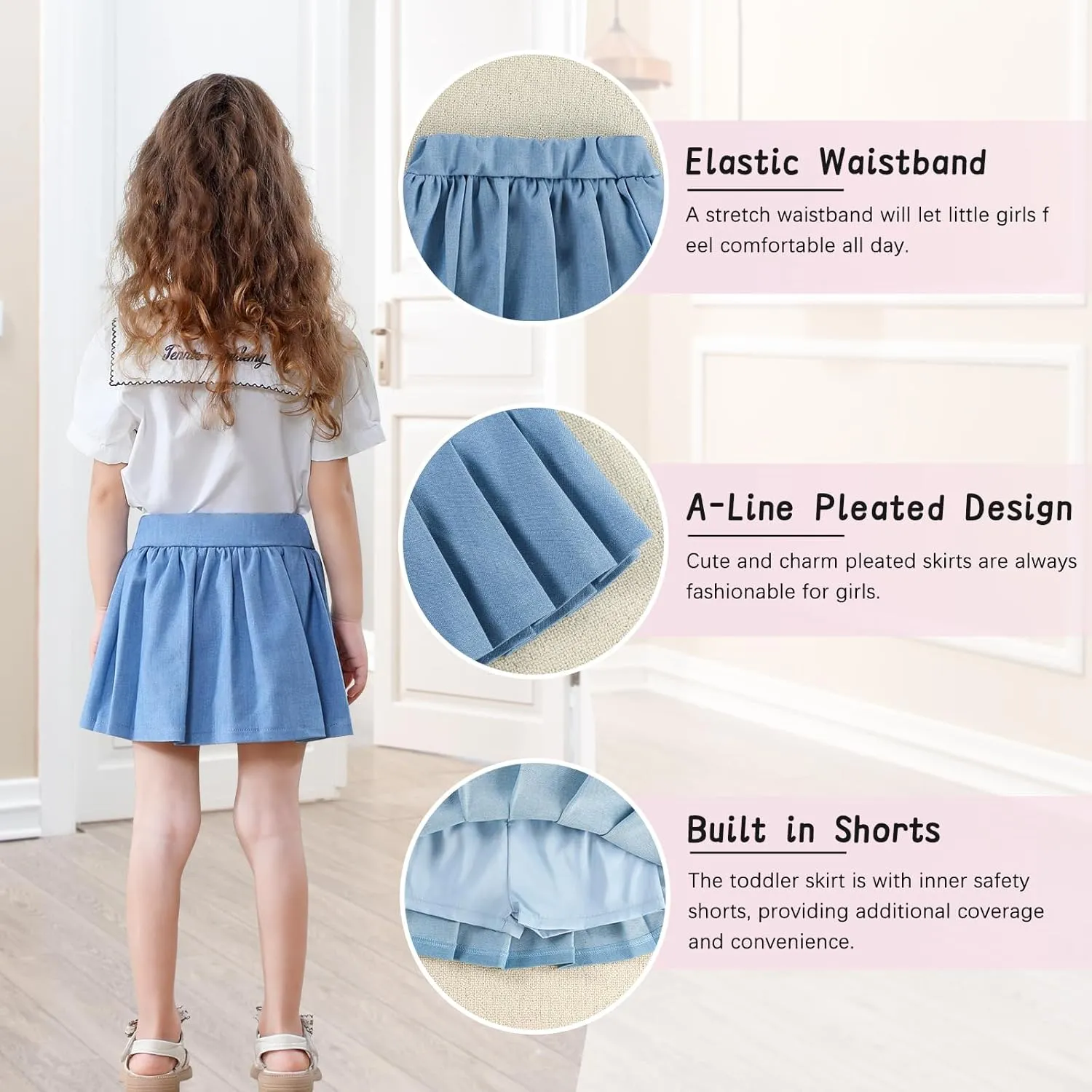 Neutocd Toddler Girls Skirts Skorts Denim Elastic Waistband Flared Pleated Skirts for Girls Kids Casual Stretchy Skater Skirt