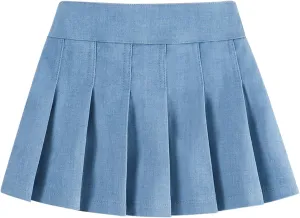 Neutocd Toddler Girls Skirts Skorts Denim Elastic Waistband Flared Pleated Skirts for Girls Kids Casual Stretchy Skater Skirt