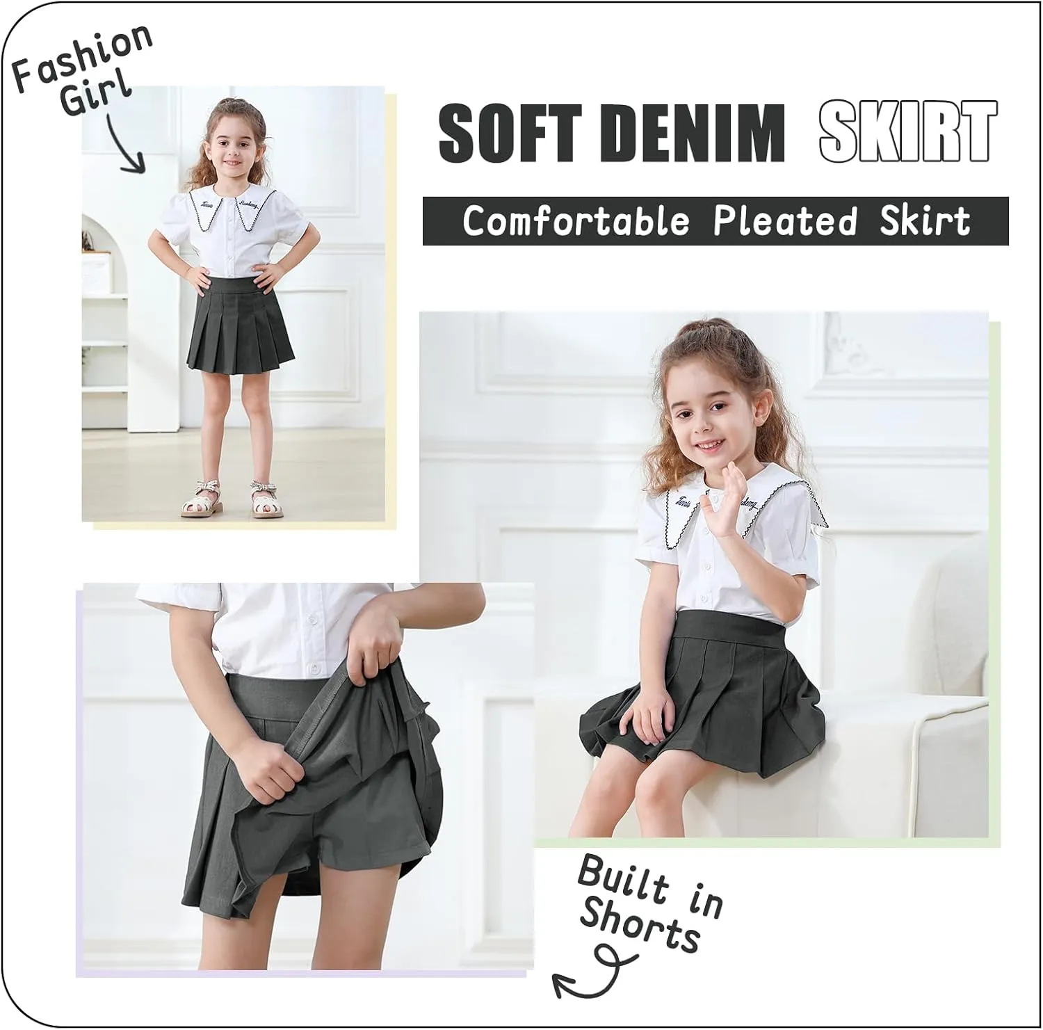 Neutocd Toddler Girls Skirts Skorts Denim Elastic Waistband Flared Pleated Skirts for Girls Kids Casual Stretchy Skater Skirt