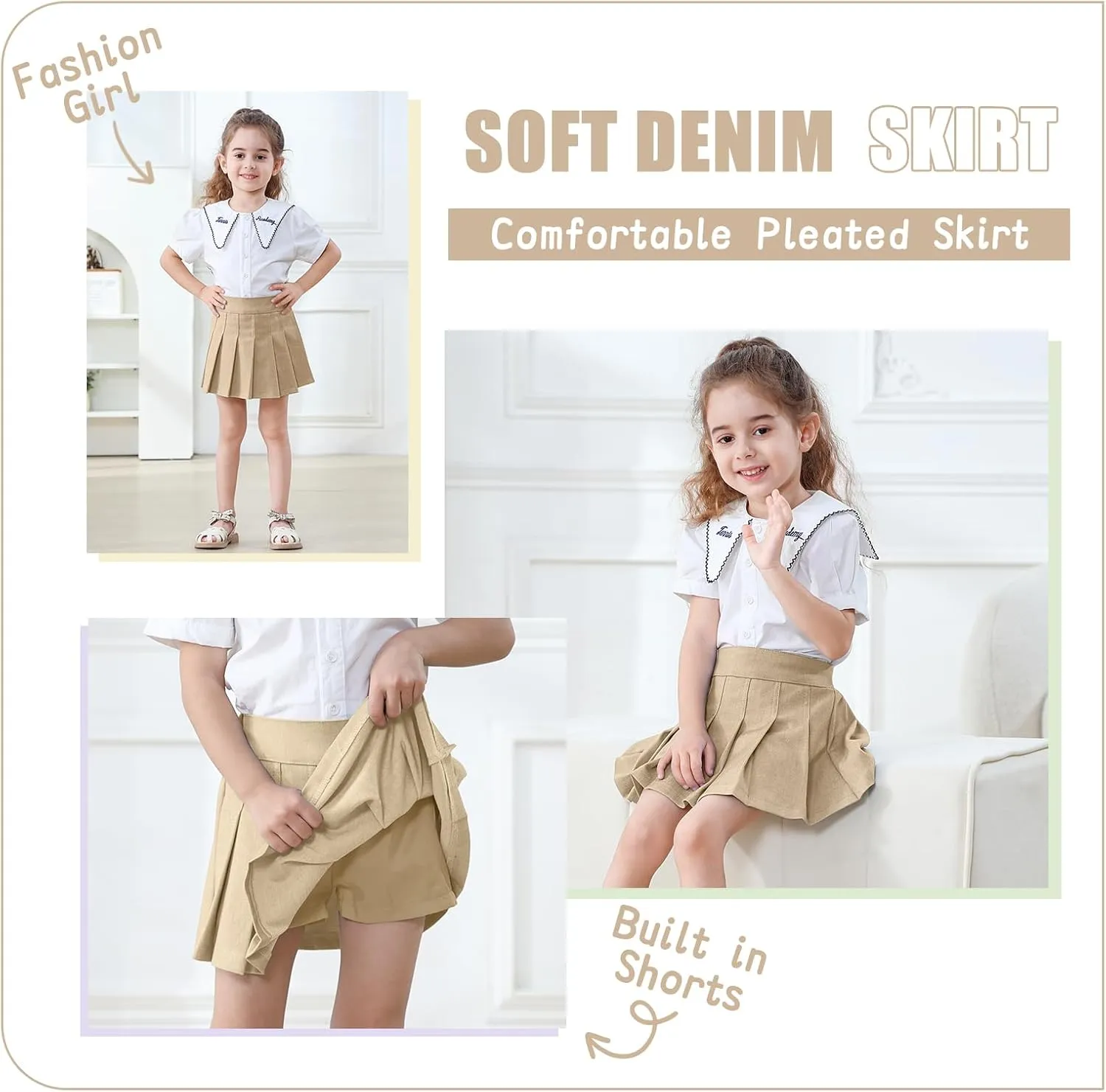 Neutocd Toddler Girls Skirts Skorts Denim Elastic Waistband Flared Pleated Skirts for Girls Kids Casual Stretchy Skater Skirt