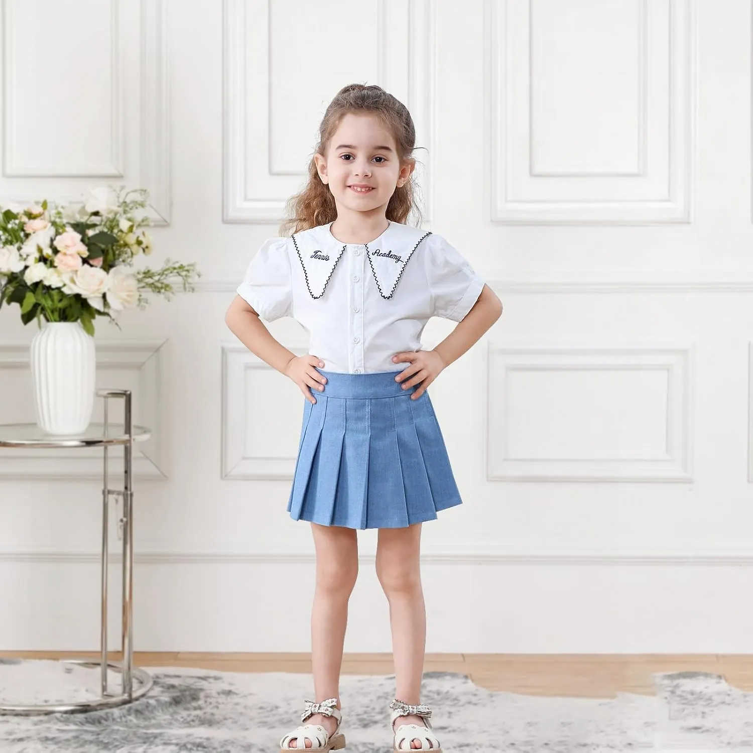 Neutocd Toddler Girls Skirts Skorts Denim Elastic Waistband Flared Pleated Skirts for Girls Kids Casual Stretchy Skater Skirt