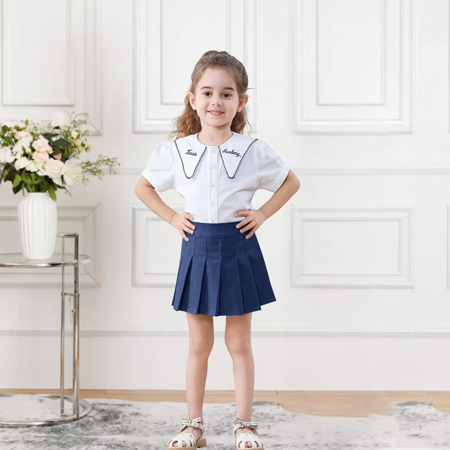 Neutocd Toddler Girls Skirts Skorts Denim Elastic Waistband Flared Pleated Skirts for Girls Kids Casual Stretchy Skater Skirt