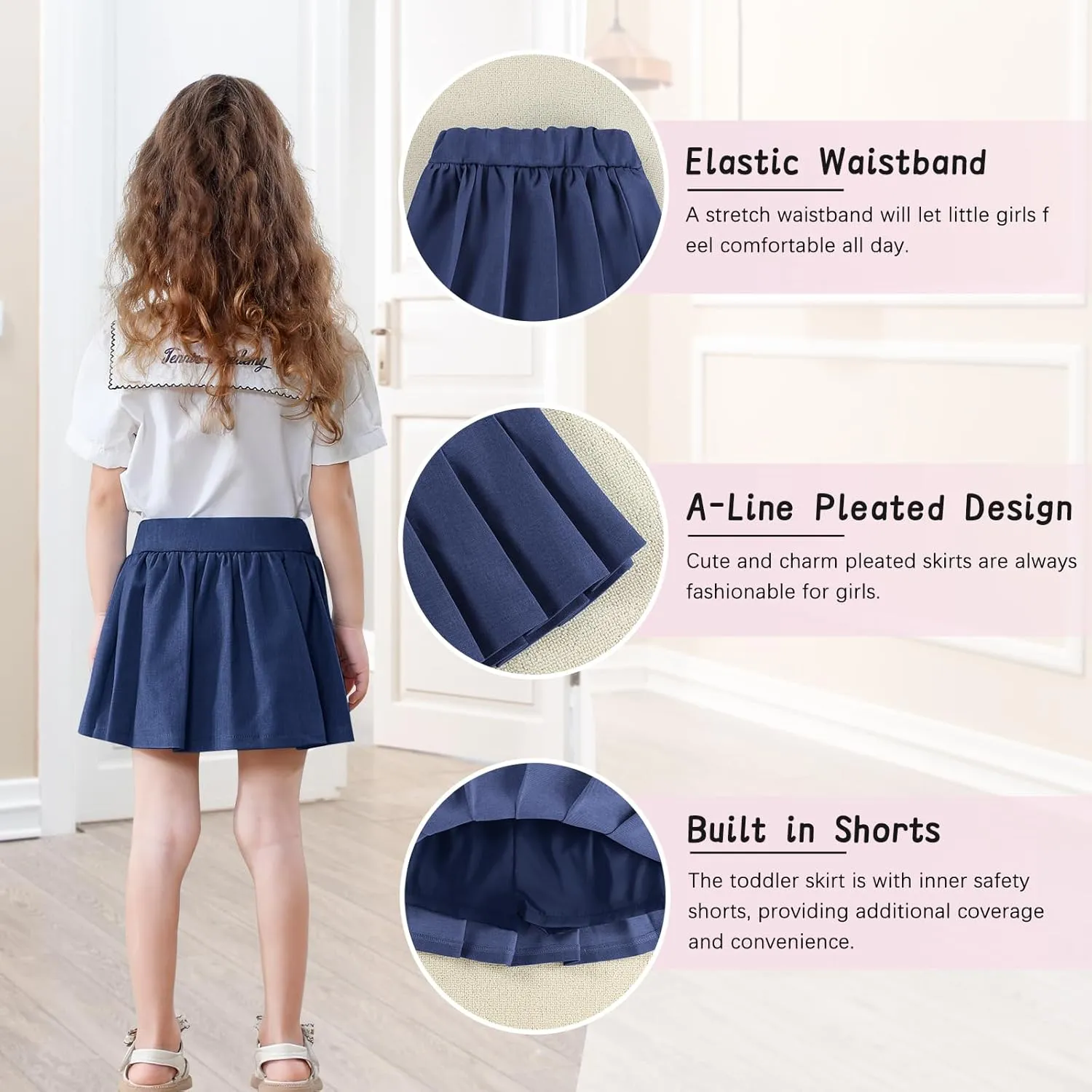 Neutocd Toddler Girls Skirts Skorts Denim Elastic Waistband Flared Pleated Skirts for Girls Kids Casual Stretchy Skater Skirt